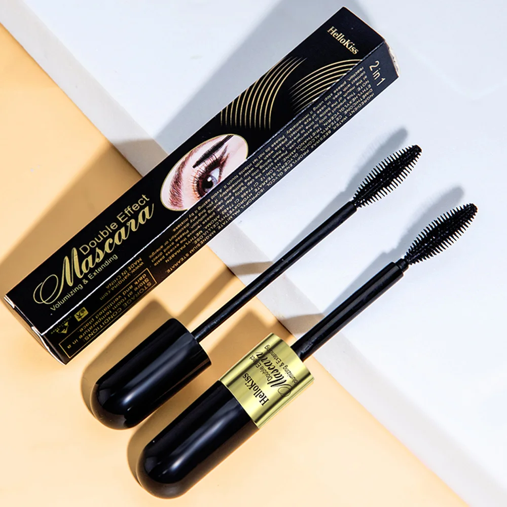 2 In 1 Zijde Vezels Mascara Waterproof Black Eye Lash Dikke Curling Borstel Wimper Verlenging Inkt Extension Rimel Volume Mascara