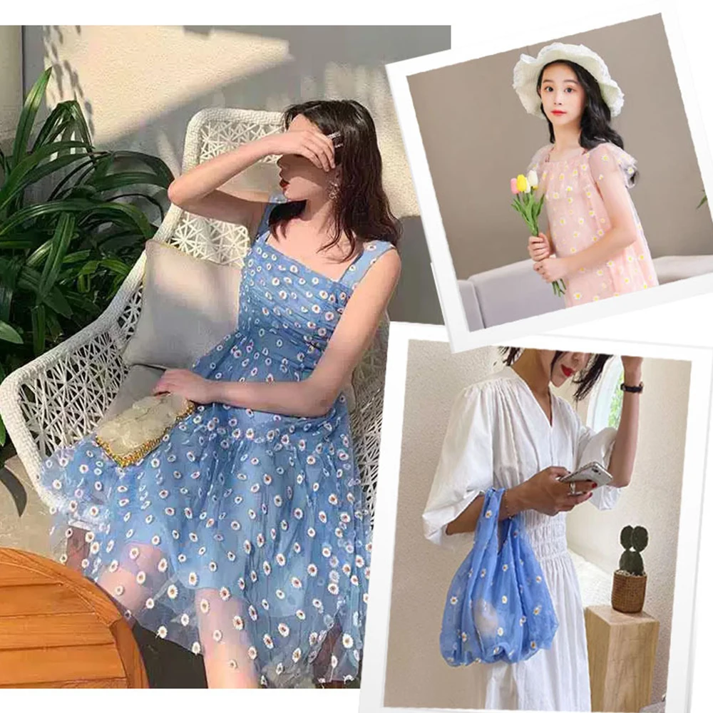 150cm x 90cm Daisy Flower Tulle Fabric Mesh For DIY Curtain Baby Children's Clothing Wedding Dress Xmas Party Home Decoration