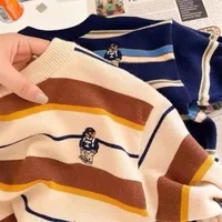 Children's Sweater 2024 Cool Spring  Korean Version Casual Cartoon Baby Top with Western Embroidered Stripes Knitted Pullover 2