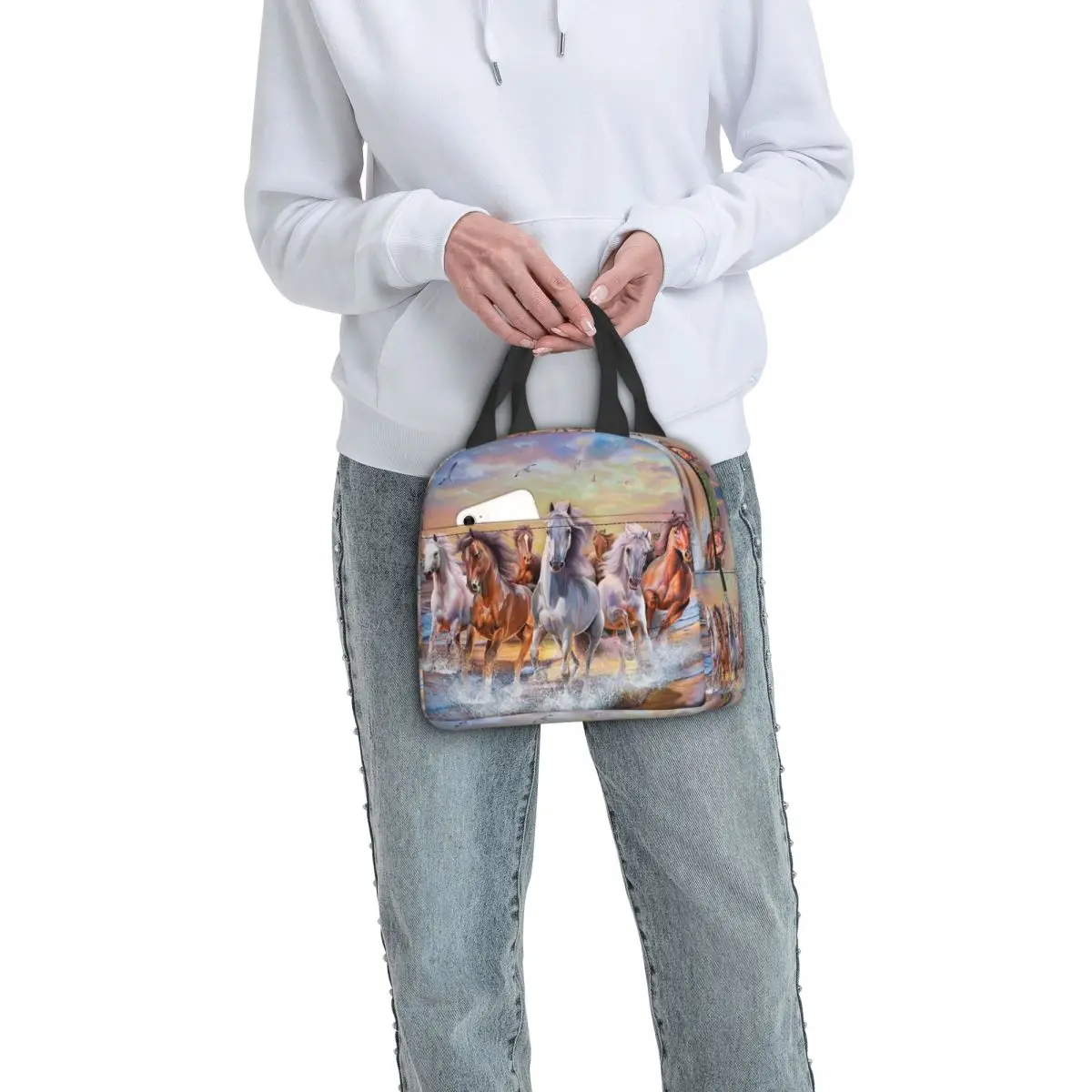 Custom Classic Horse Running Painting Lunch Bag Men Women Warm Cooler Insulated Lunch Box for Kids School