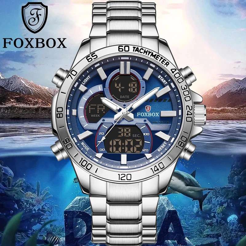FOXBOX Watches For Men Luxury Brand Digital Chronograph Sport Quartz Wrist Watch Waterproof Military Steel Band Luminous Clock