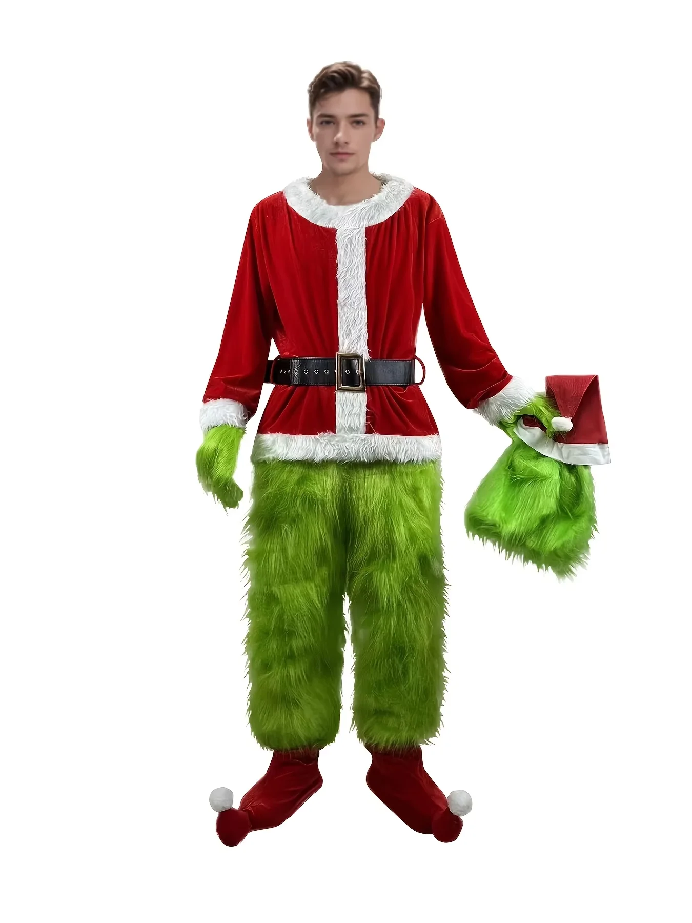 Santa Claus Costume Set Green Furry Clothes Xmas Halloween Party Performance Outfit Props Tops Pants Socks Belt Hat Gloves