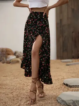Women's Summer Boho Ruffle Skirt, High Slit Long Regular Fit High Waist Small Flower Print Dress, Casual Beachwear 1