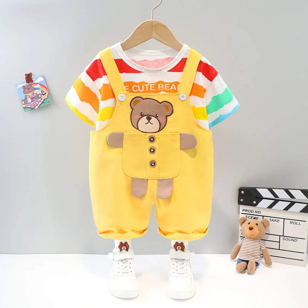 

Baby Boy Girl Summer Clothes 2 Piece Set New Toddler Cartoon Printed Cotton T-shirts Tops and Overalls Kids Bebes Infant Outfits