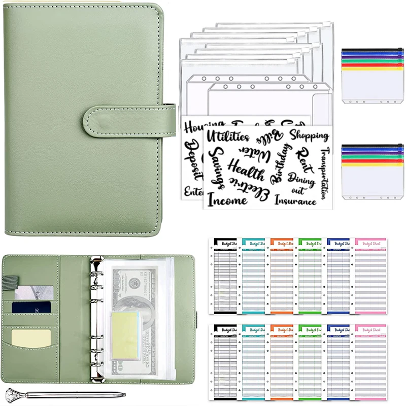 PU Leather Notebook A6 Binder DIY Planner Organizer 8 Zipper Pockets 12Pcs Budget Sheet 2Pcs French Alphabet Stickers