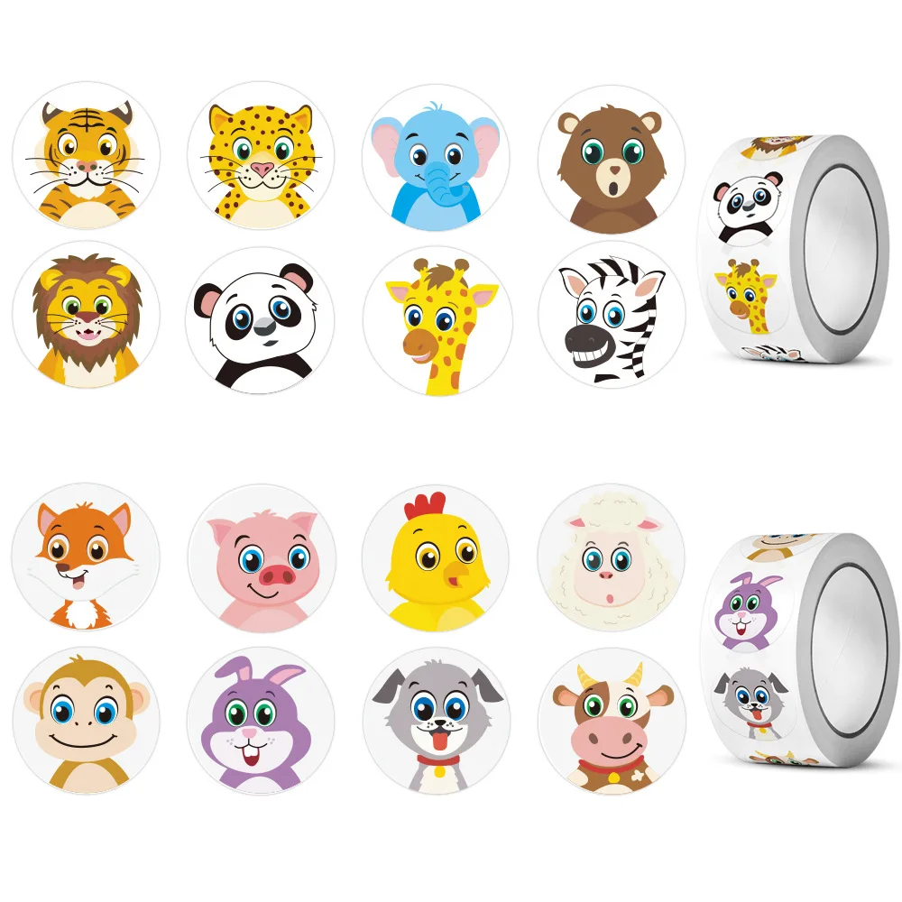 

100-500pcs 1inch Cartoon Tiger Lion FOx Animal stickers for kid Teacher Reward Encourage Sticker Stationery for Children