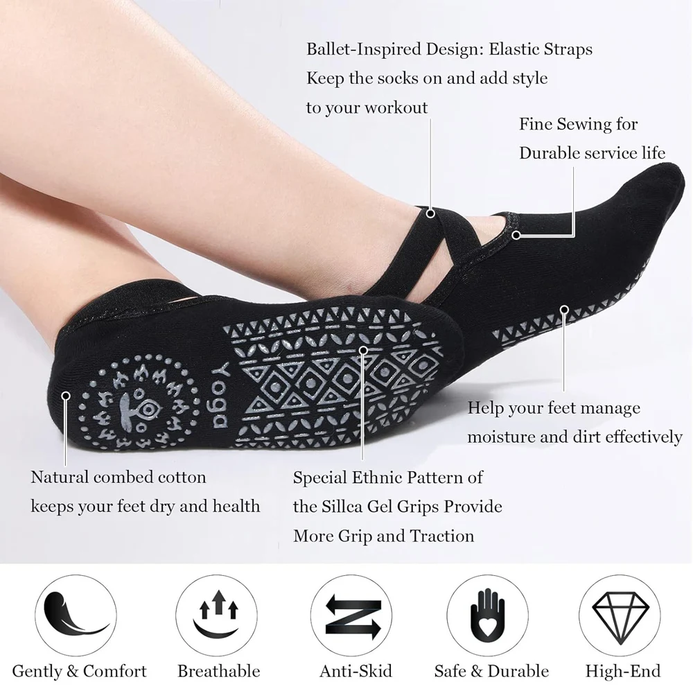 Women's Non-Slip Yoga & Dance Socks with Straps - Pack of 6 Pairs