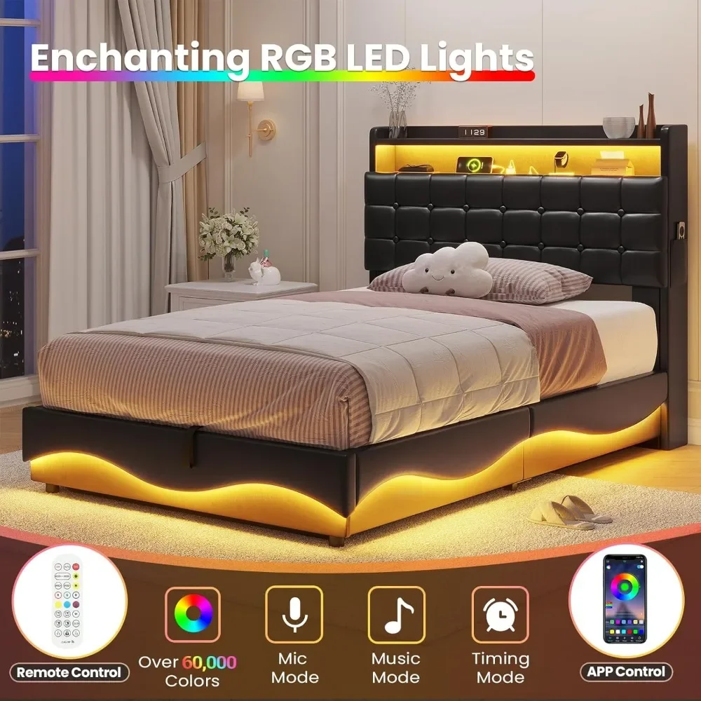 Bed Frame with Type-C Charging Station& Hidden Storage Headboard, LED Lights Upholstered Platform Bed, Twin Bed with Hydraulic 2