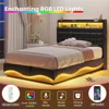 Bed Frame with Type-C Charging Station& Hidden Storage Headboard, LED Lights Upholstered Platform Bed, Twin Bed with Hydraulic 2