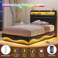 Bed Frame with Type-C Charging Station& Hidden Storage Headboard, LED Lights Upholstered Platform Bed, Twin Bed with Hydraulic 2