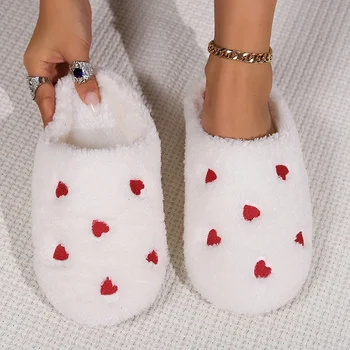 Winter 2025 Heart Pattern Plush Indoor Home Slippers Woman Plus Size 45 Non Slip Comfort Bedroom Slides Women Flat Cotton Shoes 1