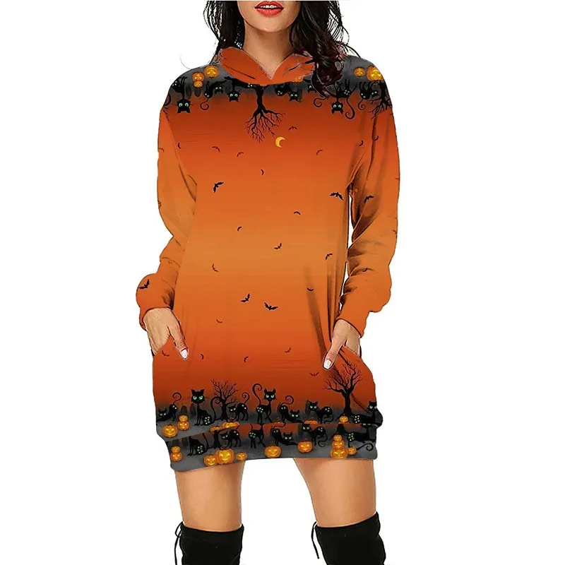 Halloween Printed Extended Loose Hoodie Sexy Slim Fit Sports Trend Autumn/Winter Sweater Cute Hooded Dress