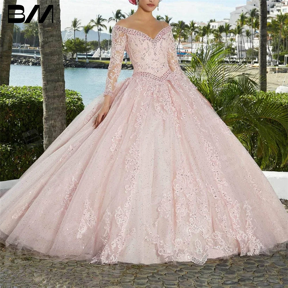 

Shimmered Tulle Quinceañera Dress Lace Long Sleeves Quinceanera Dress 2023 Beads Crystal Basque Cocktail Dresses Ball Gown