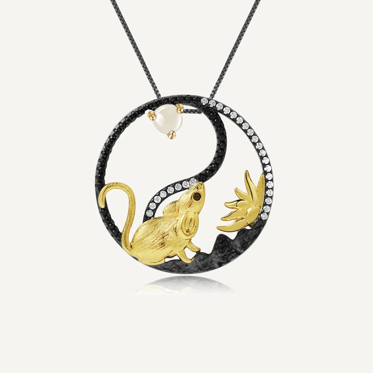 

GEM'S BALLET Chinese Zodiac Rat Pendant Necklace For Women Natural African Opal 925 Sterling Silver Yin and Yang Animal Jewelry