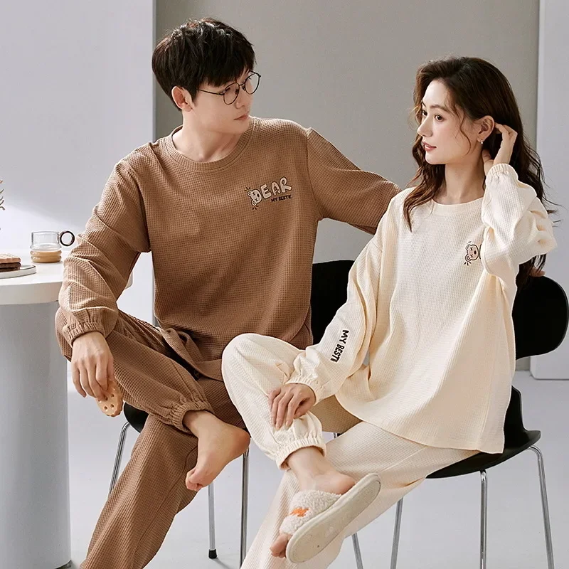 Couple Pajamas Women's and Men's Long Sleeve Waffle Set  Casual Home Clothes in Spring Autumn and Winter