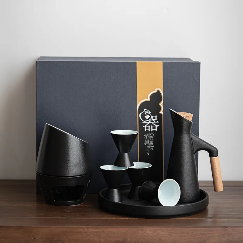 Japanese-style ceramic wine cabinet set includes 1 wine jug, 1 cabinet, 4 sake glasses, tray and candle heater