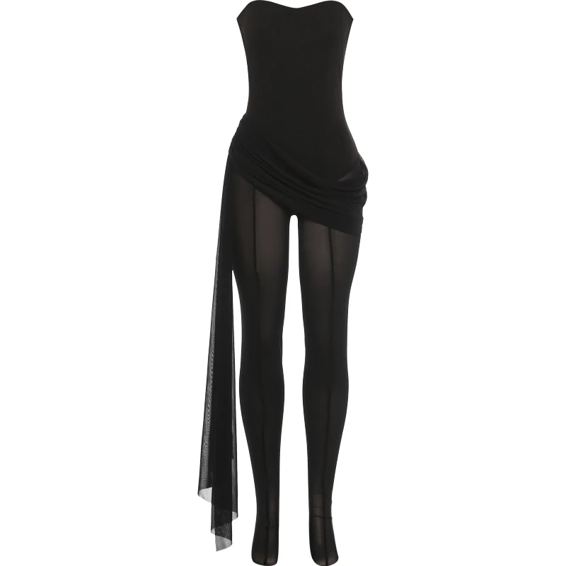 Kliou Sexy Mesh Patchwork Jumpsuits Woman Chest Wrap Backless Ribbon Decoration Hot Girls Midnight Club Party Hipster Overalls