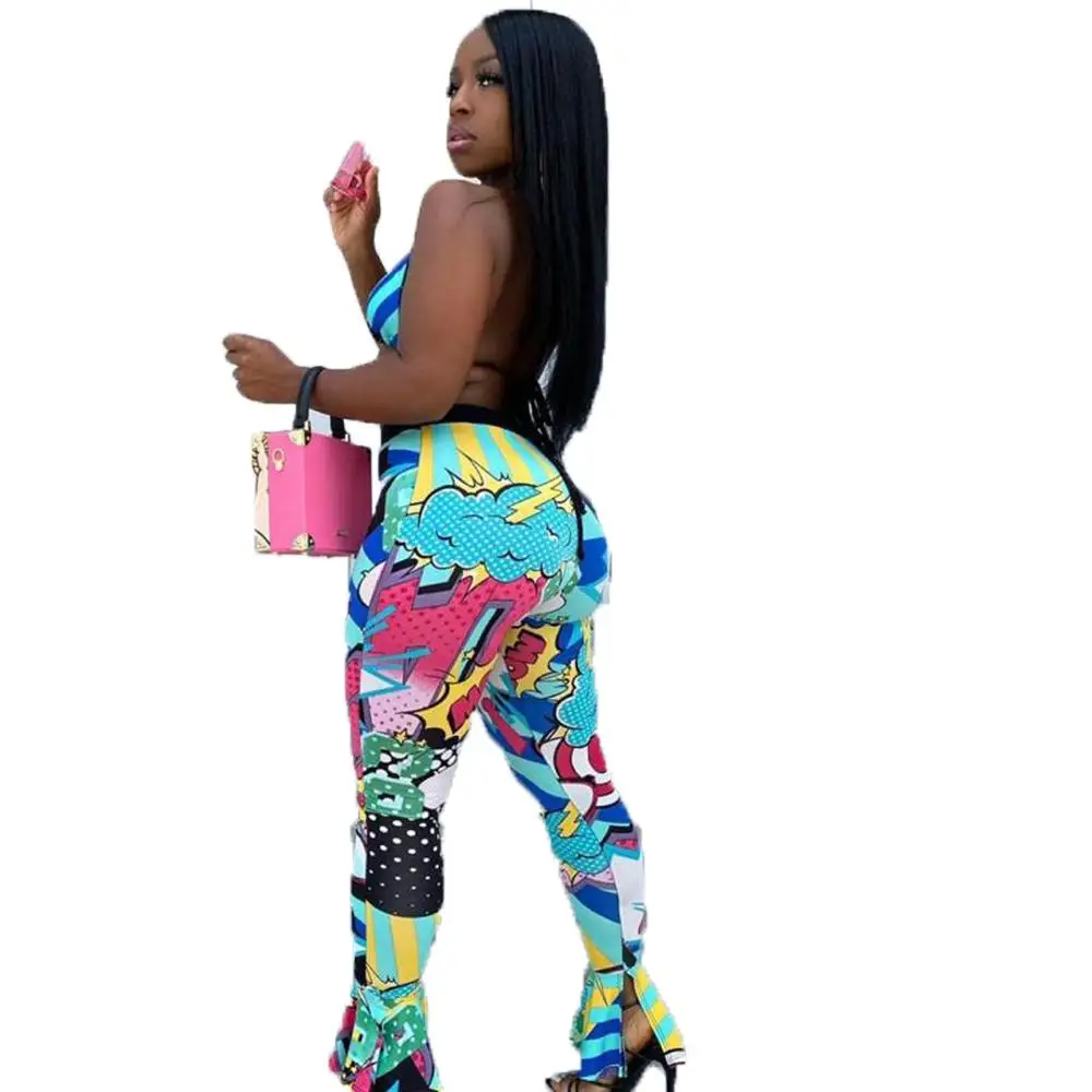 

Женский пляжный комплект из 2 предметов, привлекательный пляжный комплект с милым рисунком, топ с V-образным вырезом и расклешенные брюки с оборками