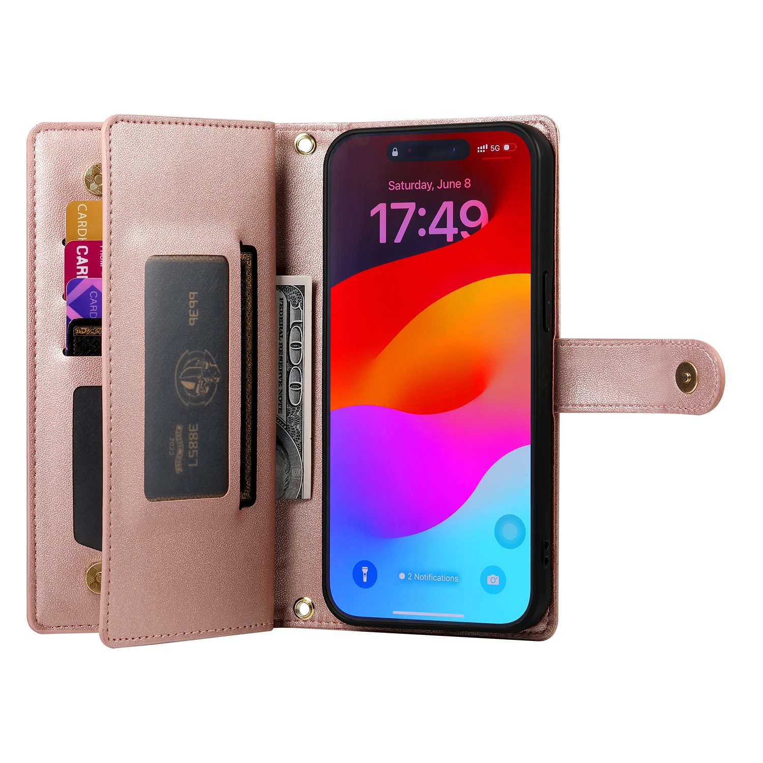 Étui portefeuille en cuir à fermeture éclair pour iPhone 15 Pro Max 16 14 Plus 13 12 11 SE4 XS MAX avec lanière et poche pour cartes_voghion.com