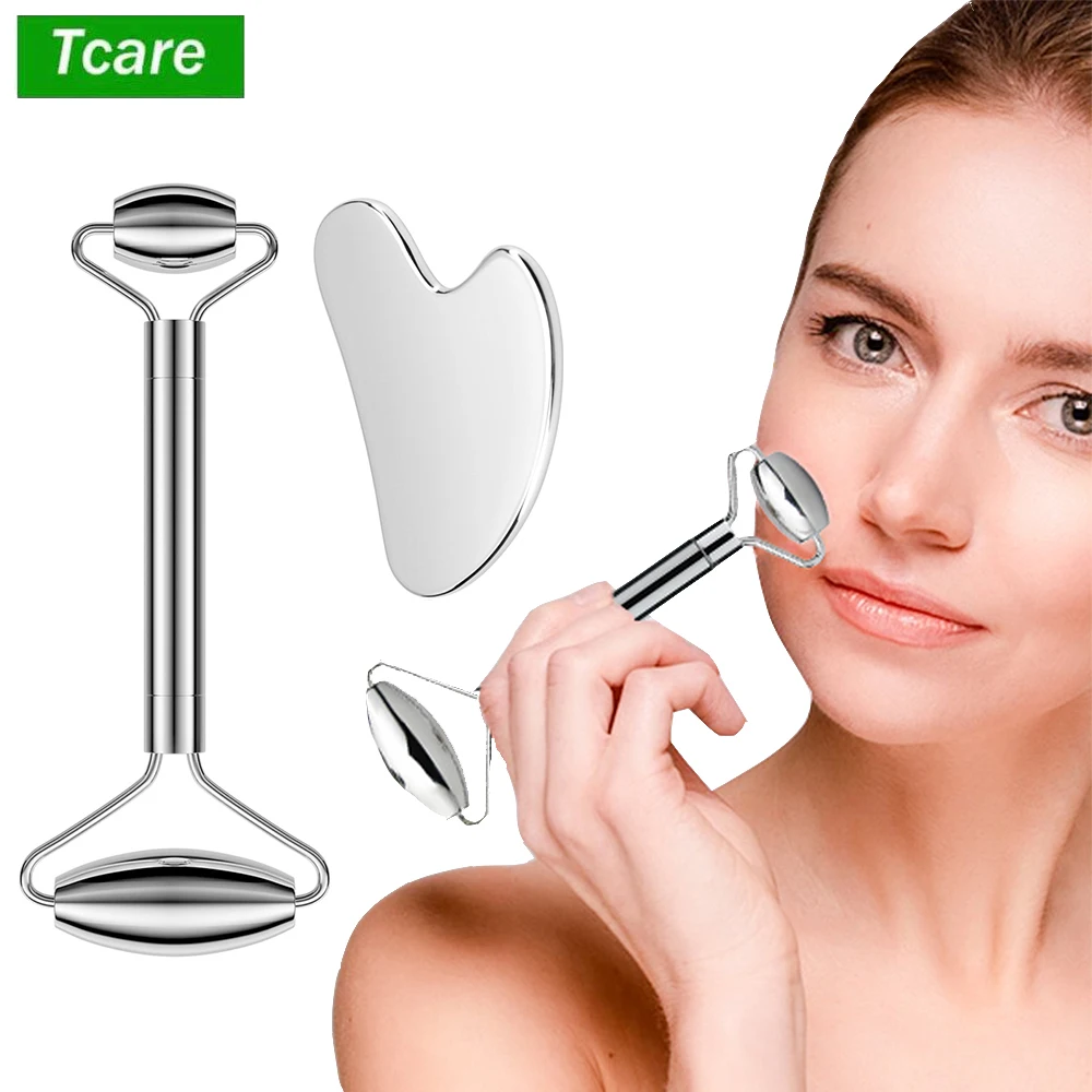 Tcare Stainless Steel Gua Sha Set and Facial Massage Roller Instrument for Massage Face Eye, Practical Body Care Facial Massager