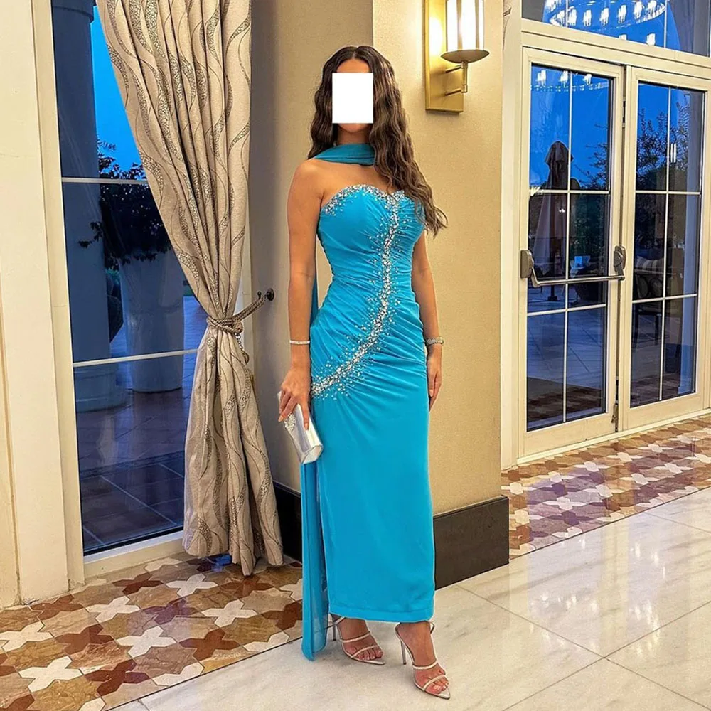 

Msikoods Graceful Blue Evening Dresses With Cape Mermaid Prom Dress Sweetheart Beadings Satin Arabic Formal Occasion Dress