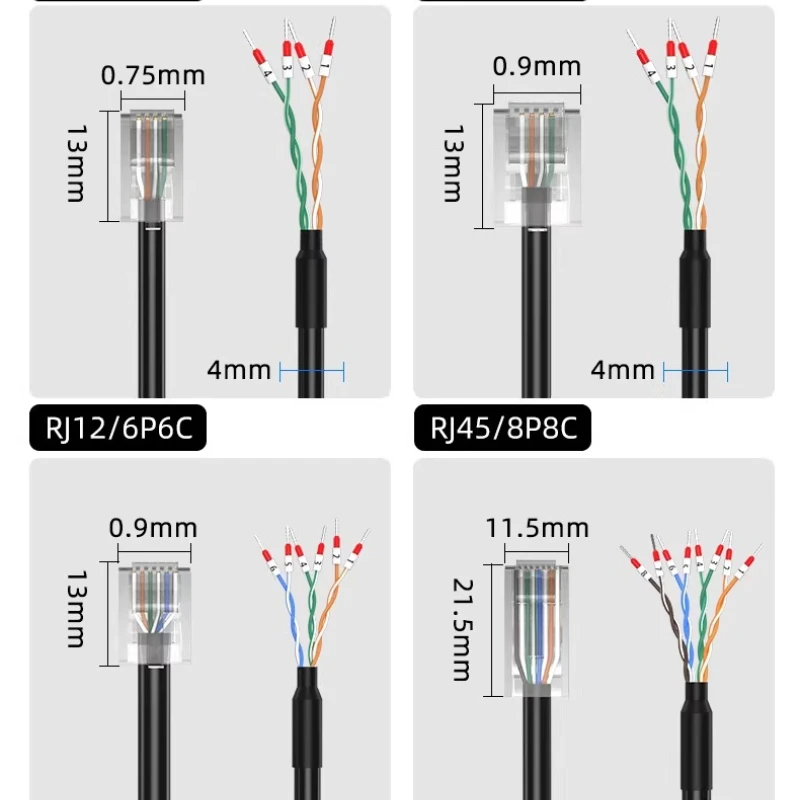 RJ11/RJ12/RJ45/RJ48/RJ50 터미널 와이어 번호 튜브 포함 6P6C 8P8C 10P10C RJ45 크리스탈 헤드에서 232 싱글 헤드 케이블 커넥터