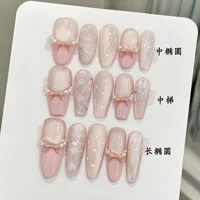 10pcs Handmade Press on Nails Sweet 3D Bow Decor Cat's Eye Fake Nail Tips Wearable Detachable Ins Plaid Pink French False Nails