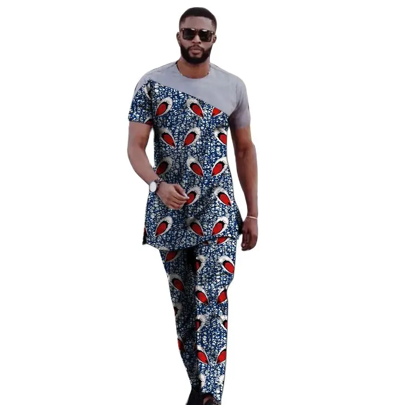 Short Sleeve Men's Groom Suit Patchwork Tops With Pants Male Ankara Fashion Tailored African Party Outfits