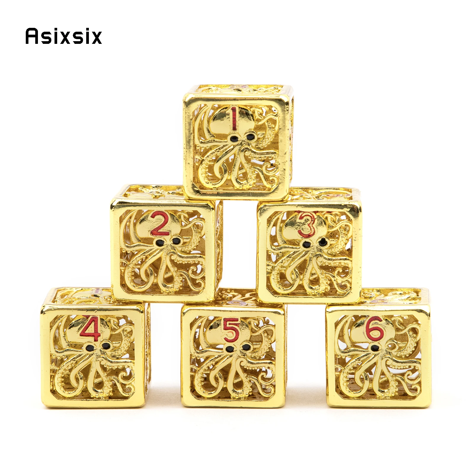 

6 Pcs Golden Squid Metal Dice Hollow Metal Polyhedral Dice Set Suitable for Role-Playing RPG Board Game Card Game