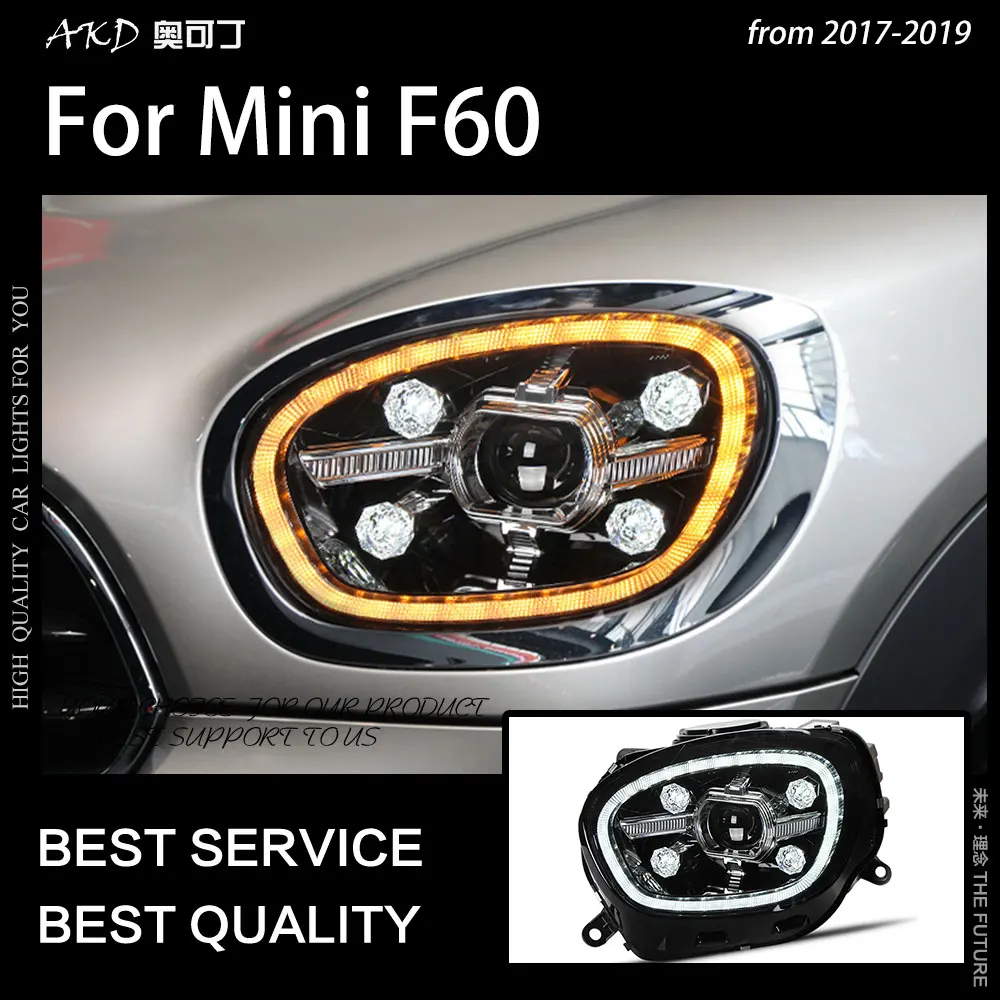 AKD 자동차 램프, 미니 컨트리맨 F60 2017-2019 DRL H7 LED Bi Xenon 전구 F60 헤드라이트 어셈블리 업그레이드 동적 신호 액세서리