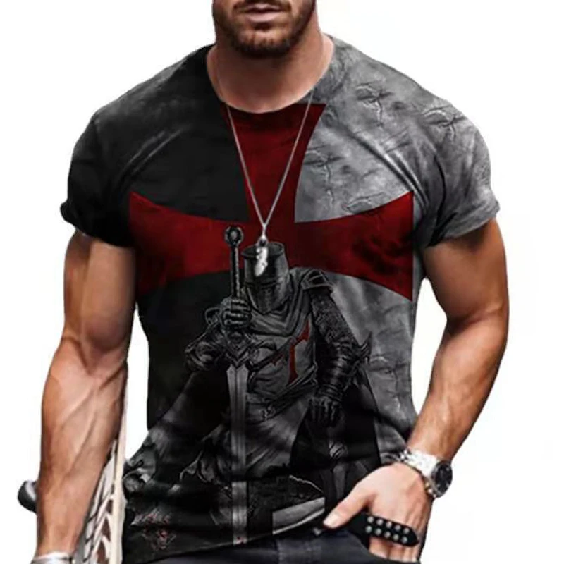 Summer Men's Fashion Street Versatile Top 3D Knights Templar Print T-Shirt Casual Round Neck Fitness Shirt