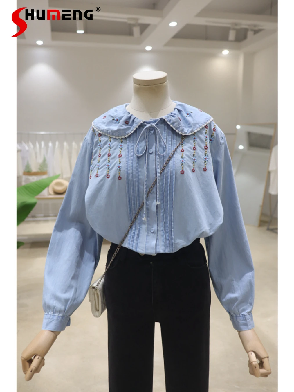 Fashion Exquisite Embroidery 2024 Spring Women Shirts Loose Comfort Slim Cotton Long Sleeve Single-Breasted Flower Shirts