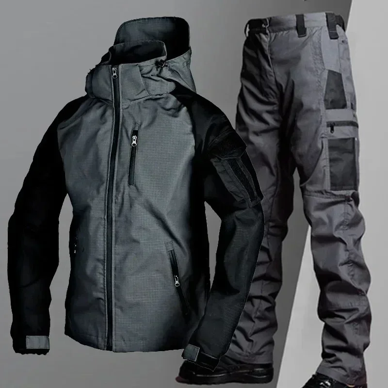 Tactical Waterproof Jacket Sets Men Hiking Training Suit Outdoor Soft Shell Work Wear Hooded Jackets Pants 2 Pcs Set