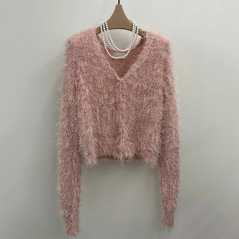 Dongda Gate Autumn 2024 Pure Color Long Sve Fluffy Knitted Cardigan Women's Top Trendy Commute Sle Slim Fit Korean Version