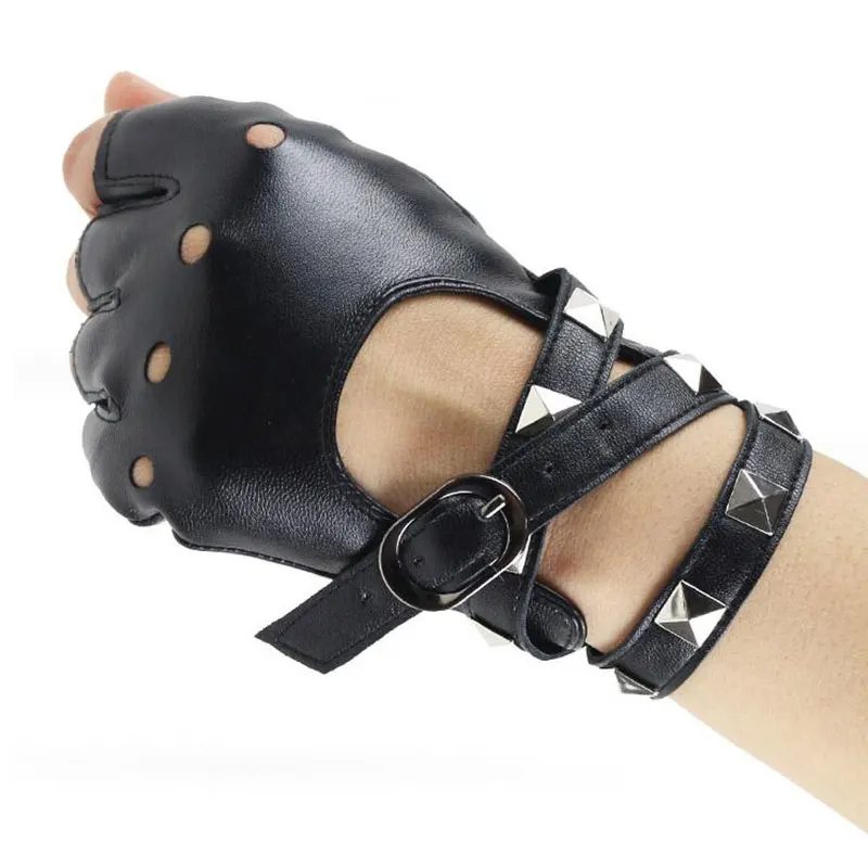 1 Pair Motor Punk Gloves Unisex PU Leather Fingerless Gloves Female Half Finger Driving Women Men Hollow Out Sports Guantes Hot men s half finger goat leather gloves leather black hollow breathable thin buckle riding outdoor sports driving gloves