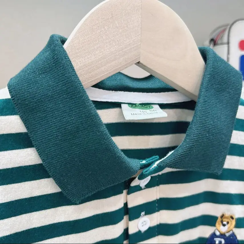 Boys Short Sleeve Tee Polo Shirt For Children 2025 Kids Clothes Striped Graphic Bear T-Shirt Summer Clothes Toddler Casual Tops - 5