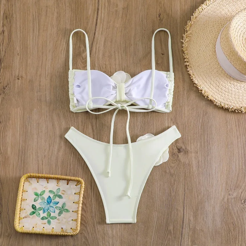 Women's 2 Piece 3D Rose Swimsuit Bikini Spaghetti Strap High Waisted Bathing Suit Beachwear