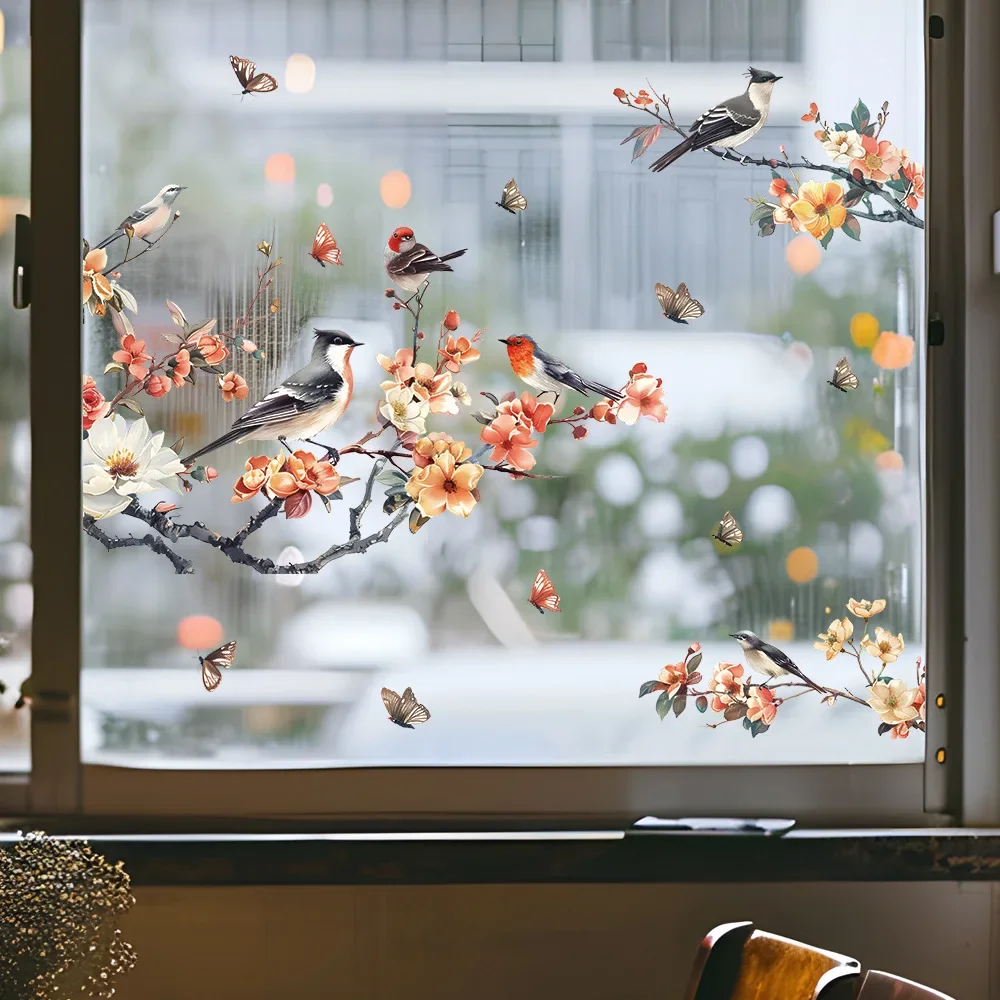 Flower Branches Bird Glass Windows Home Landscaping Decoration Electrostatic Uv Window Stickers Can Be Removed 1PCS