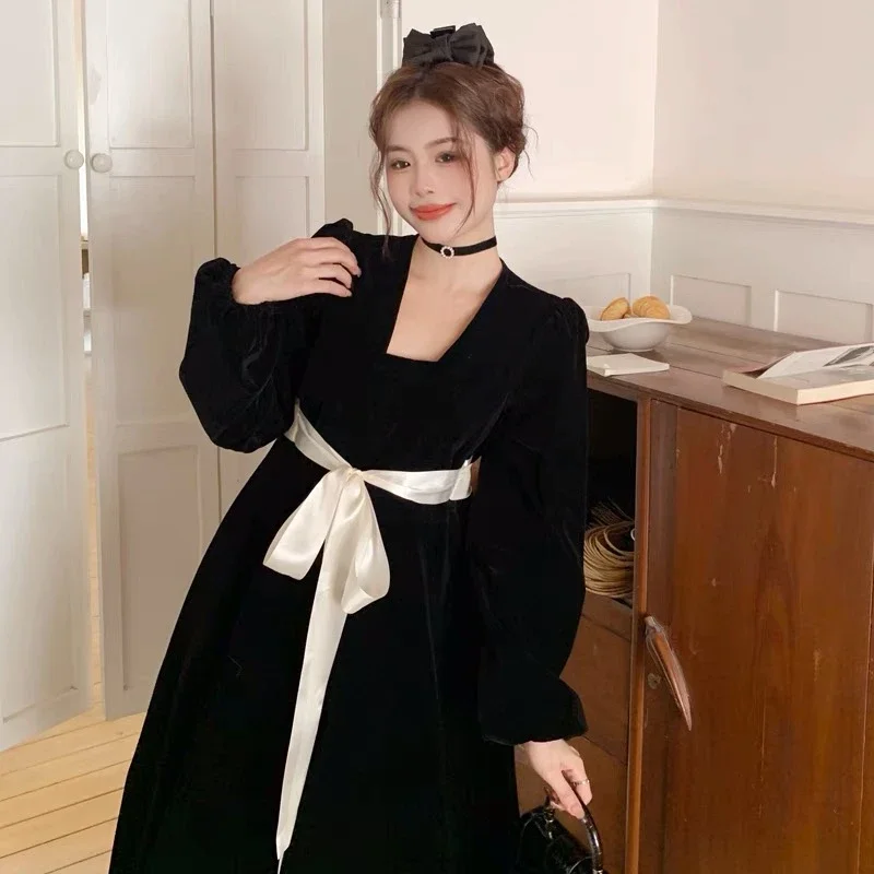 Long Sleeve Mini Dress Women Velvet Bow Elegant Fashion