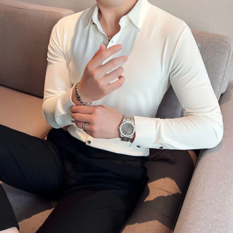 Men's Business Shirt Anti-wrinkle Long Sleeve Slim Fit Shirt Waffle Man Dresses Wedding Blouse Camisa Men Clothing Royal Blue