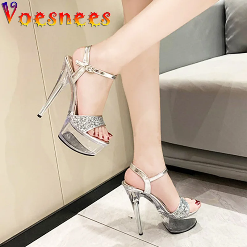 

New Ladies Modern Sandals 2022 Fashion Bling Sequin Party Dress Thin High Heels Pumps Women Transparent Platform Wedding Shoes