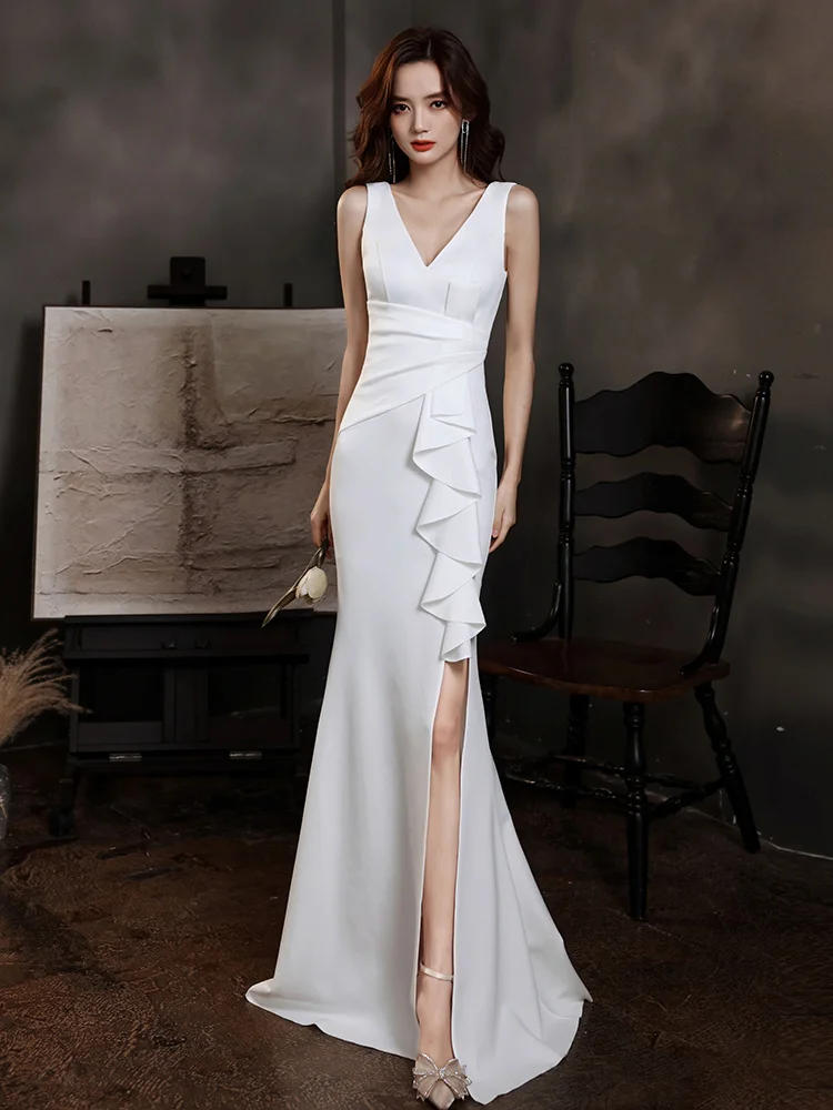 

White Evening Dress for Women 2023 New Light Luxury, Small Market, High End Banquet, Elegant Style, High Definition Fishtail