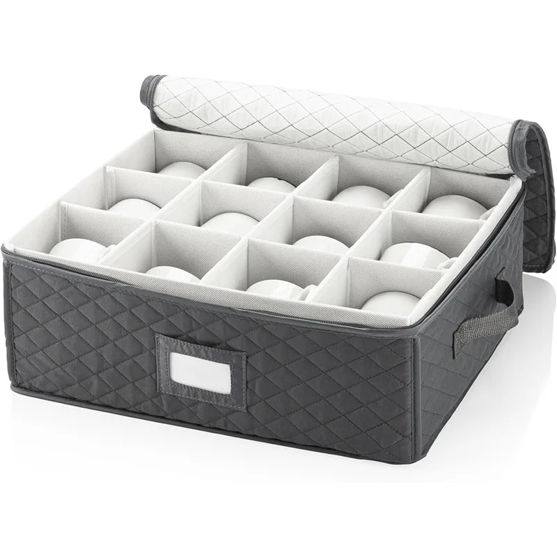 Kitchen Coffee Cup Storage Box Grey Foldable Fabric Teacup Mug Dust Proof Storage Basket with Lid Multifunctional Organizer 4