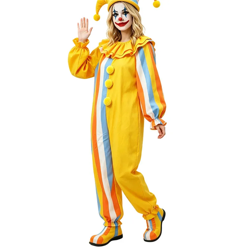 Costume da Clown Classico per Adulti, Tuta a Righe a Maniche Lunghe con Colletto Arricciato, Abbigliamento da Circo per Carnevale, Costume per Festa di Halloween - immagine 2