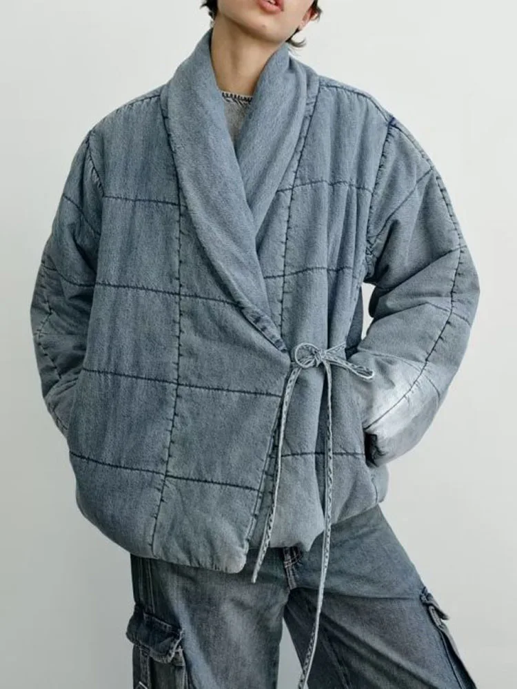 

2023 Women Winter Denim Parkas Jackets Coats Fashion Solid Wrap Drawstring Down cotton Female Street Loose Wram Jacket Outerwear