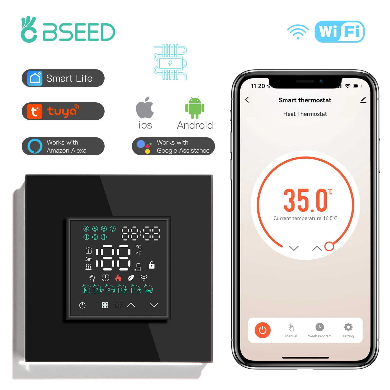 BSEED WIFI เครื่องทําความร้อนใต้พื้นไฟฟ้าหม้อต้มน้ําห้องเทอร์โมสมาร์ทคอนโทรลเลอร์อุณหภูมิ Alexa Google App Voice Control 1