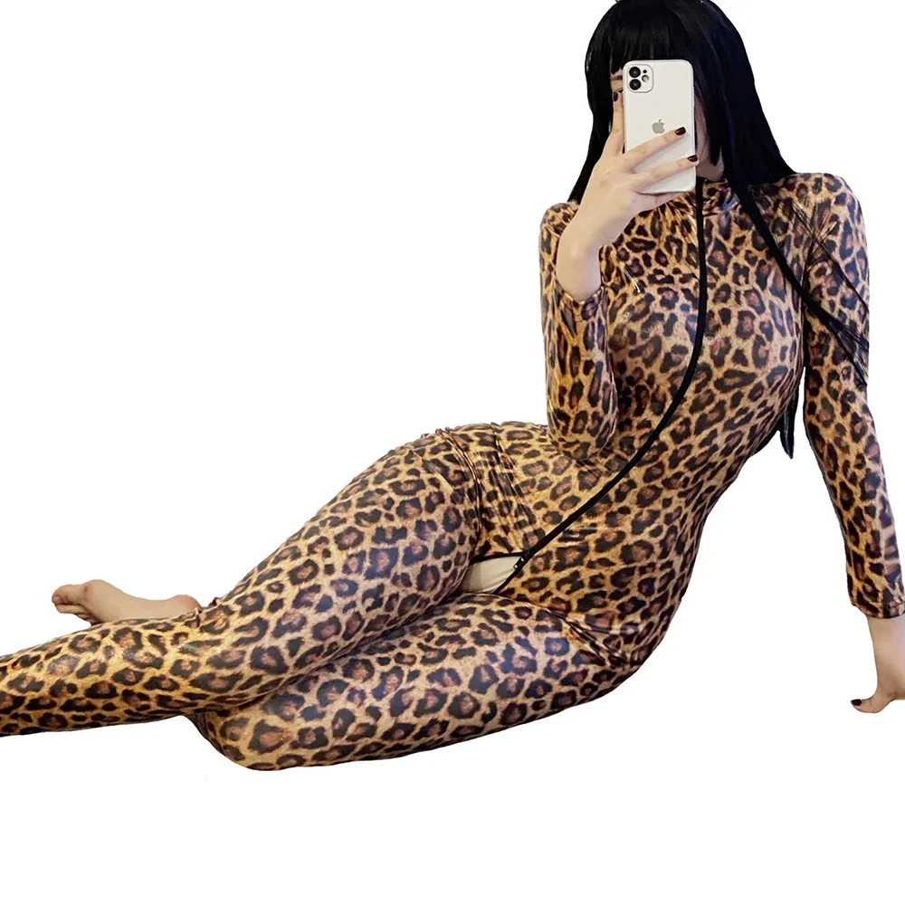 Women Fashion Leopard Print Jumpsuit Sexy Faux Leather Zipper Open Crotch Bodysuits Long Sleeve Slim Fit Catsuit Adult Playsuit zipper open crotch jumpsuits women sexy smooth tights see through soft high elastic bodysuit adult club dance oil glossy rompers