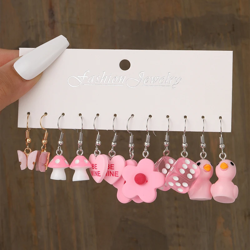 Pink Cartoon Duck Earrings Set Cute Animal Butterfly Heart Dangle Earrings For Women Girls Geometric Earring Trendy Jewelry Gift