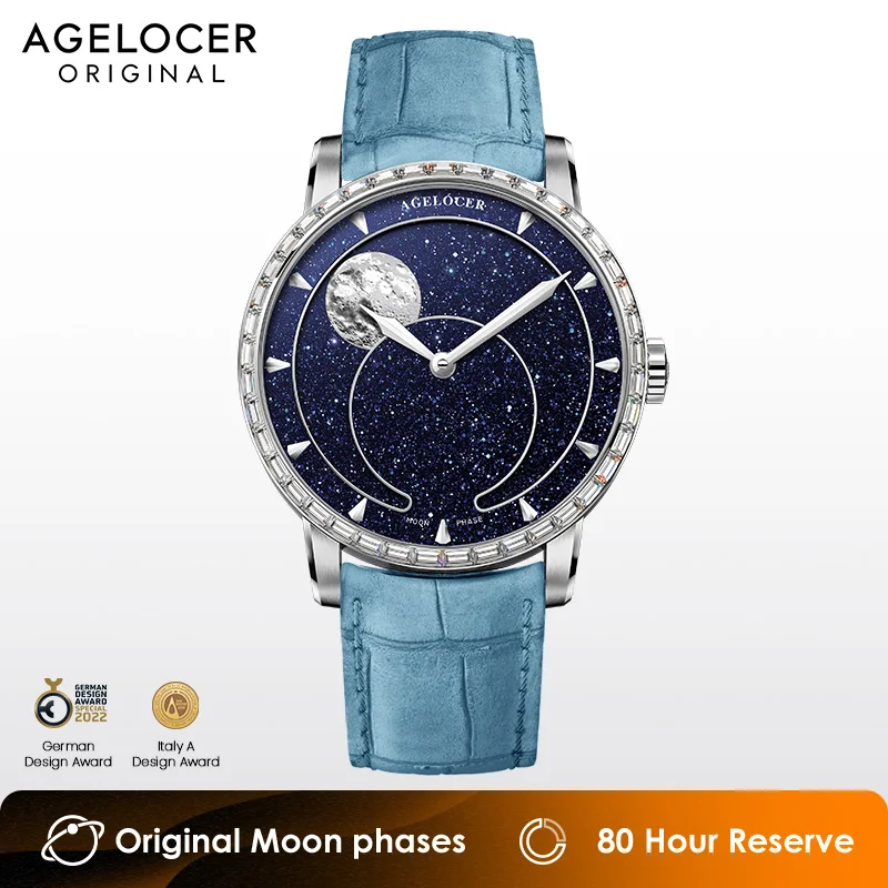 Agelocer-機械式自動時計,月の満ち欠け,天文学の時計,青い