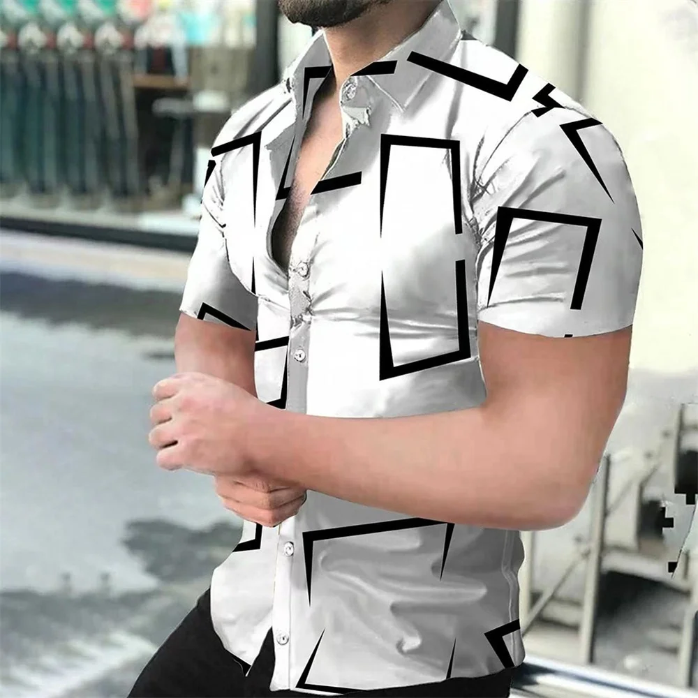 Men's Geometric Lines Solid Color Printed Shirt Short Sleeve Button Comfortable Men's Shirt Hawaii Business Leisure Vacation Top 3